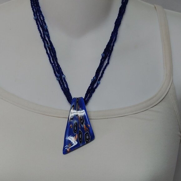 Artisan Cobalt Blue Glass Beaded Necklace With Abstract Art Glass Pendant - Picture 3 of 5